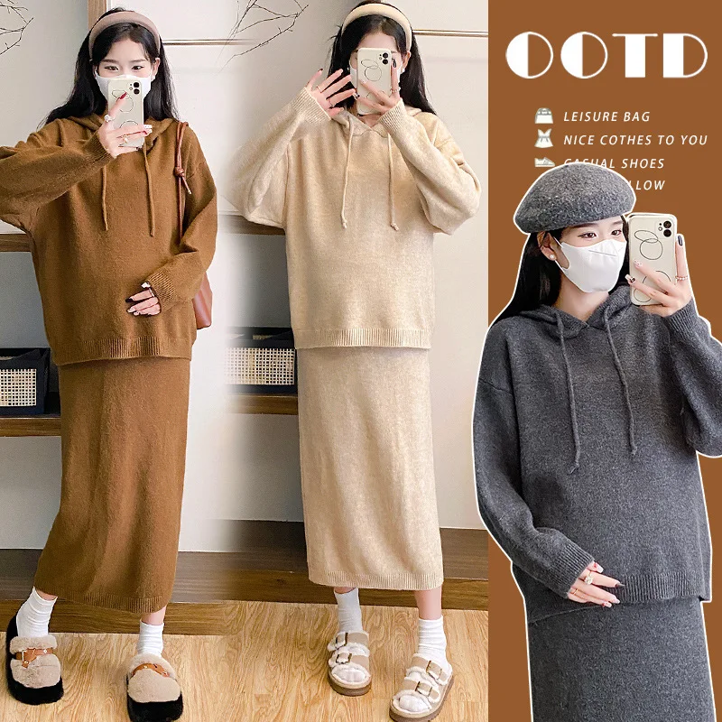 

Korean Style Sweet Maternity Set Autumn New Knit Hoodie Dress with Casual Skirt Feminine Two Piece Outfit for Pregnant Women