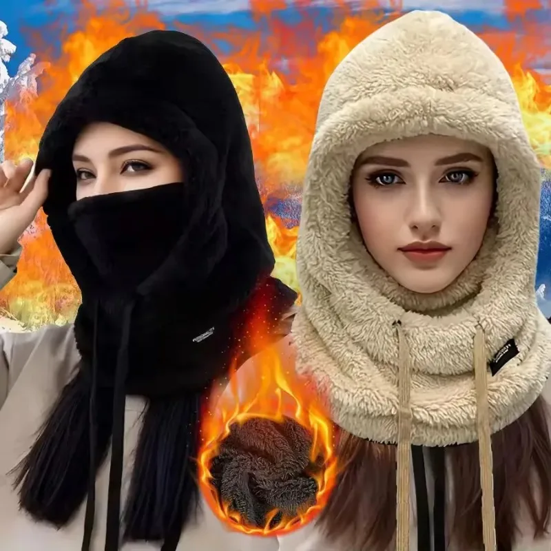 Lot de 1 à 4 cagoules thermiques d'hiver 3-en-1 avec écharpe et masque, doublure polaire épaisse, capuche coupe-vent avec cache-oreilles pour femme, idéal pour le ski et les trajets en extérieur