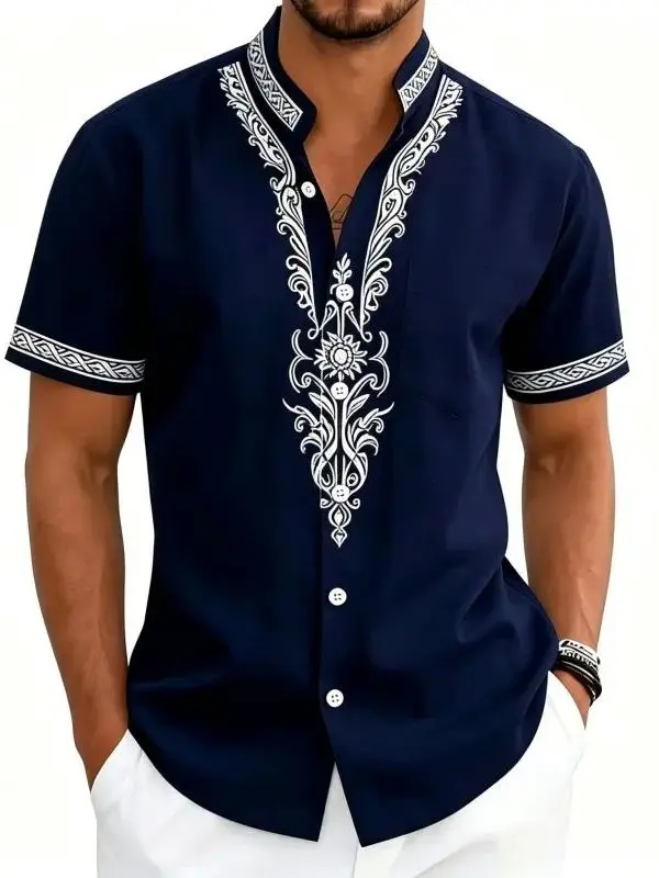 Men's Printed Collar Patchwork Shirt Short Sleeve Fashion Urban Style Polyester Fabric Standard Fit Daily Wear Casual Shirt
