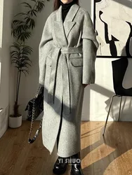 Korean High-end Gray Double-sided Wool Cashmere Long Coat Suit Collar Lace Up Woolen Overcoat For Women Winter Autumn