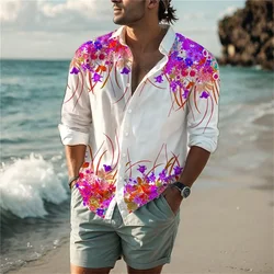 New men's flower 3D printed lapel long sleeved single breasted cardigan shirt summer fashion beach vacation casual clothing