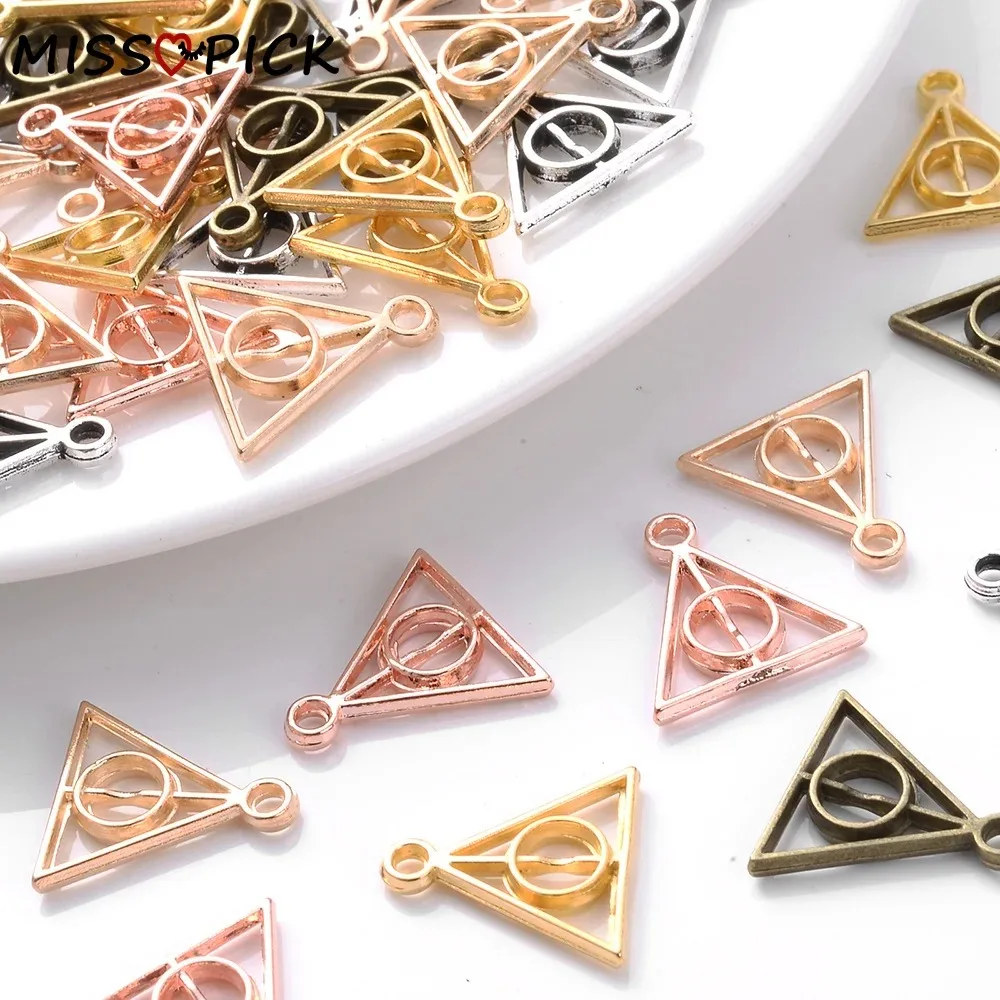 50 piezas de dijes de aleación multicolor de 12x13mm con diseño de las Reliquias de la Muerte para la fabricación de joyas, collares, pulseras y accesorios al por mayor