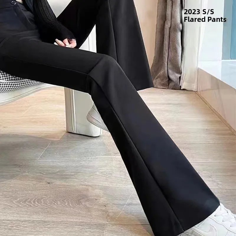 High Waist Slim Fit Flared Pants Women's Casual Black Elastic Autumn Spring Fashion Trousers Polyester Fiber mid Waist
