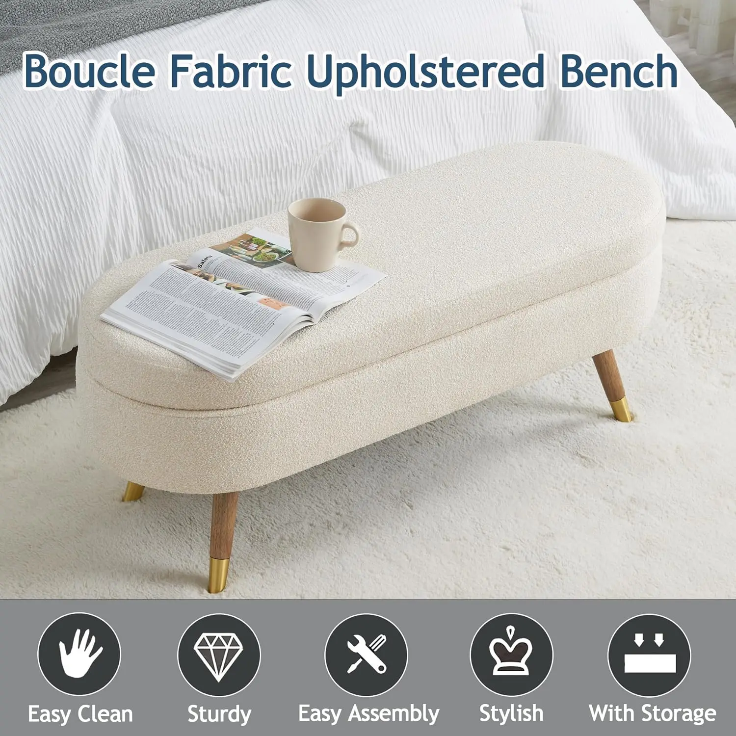 Oval Storage Bench 43.5 Ottoman Bench Upholstered Boucle Fabric Footrest Bench with Golden Metal Legs End of Bed for Bedroom