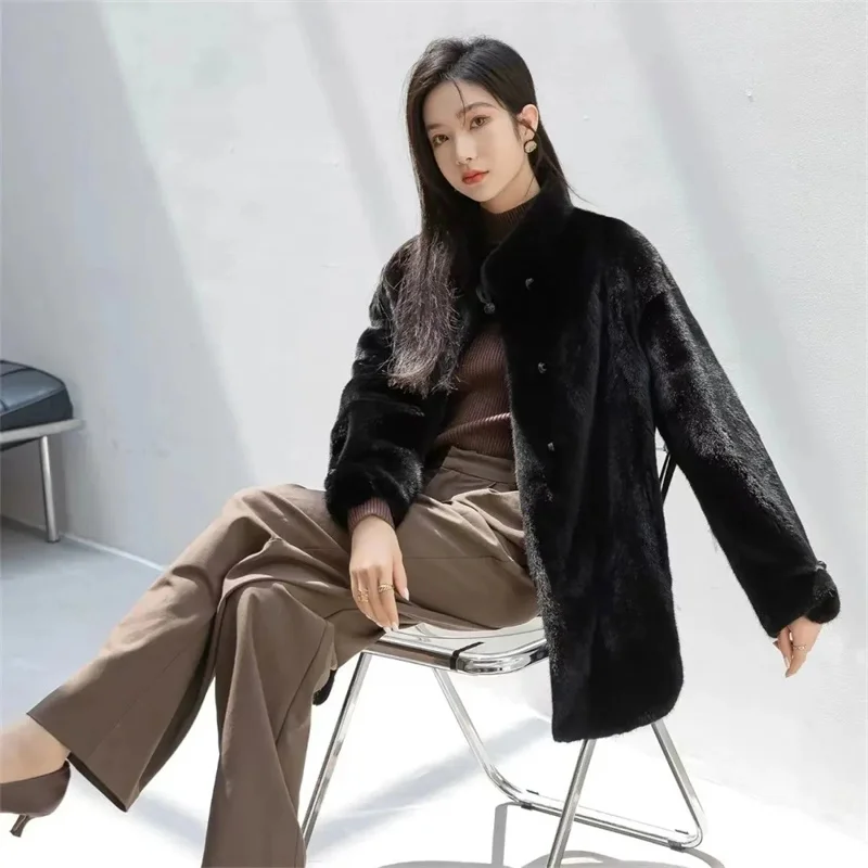 Women Fur Coat Autumn Winter New Stand Collar Disc Buckle Mid-length Imitation Mink Hair Overcoat Female Fashion Fur Coats