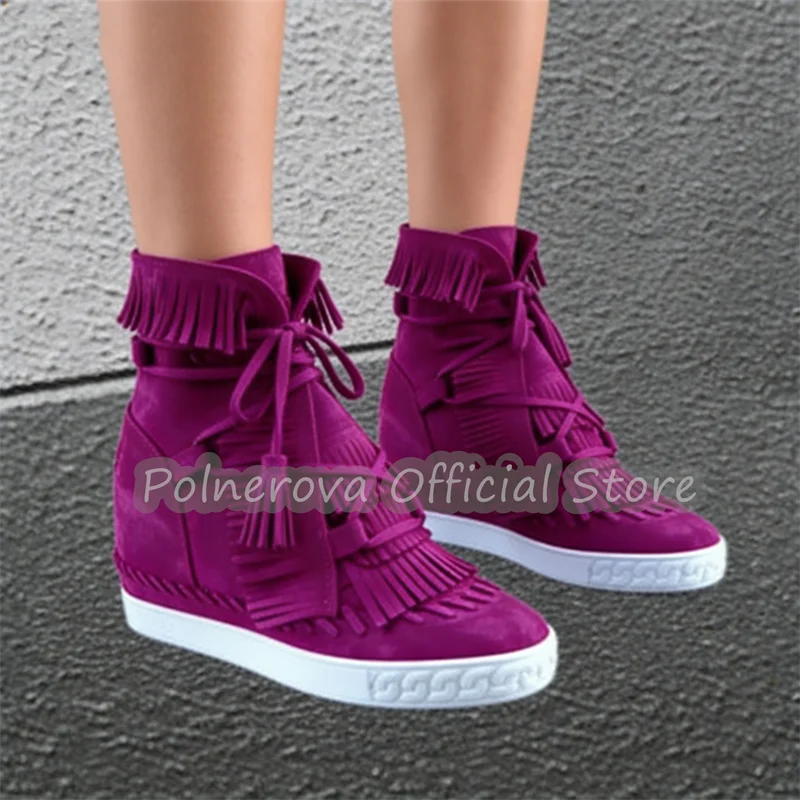 

Женские повседневные кроссовки на танкетке с высоким верхом, шнуровкой и декором из кисточек, увеличивающие рост, в ретро-стиле, для спорта и активного отдыха