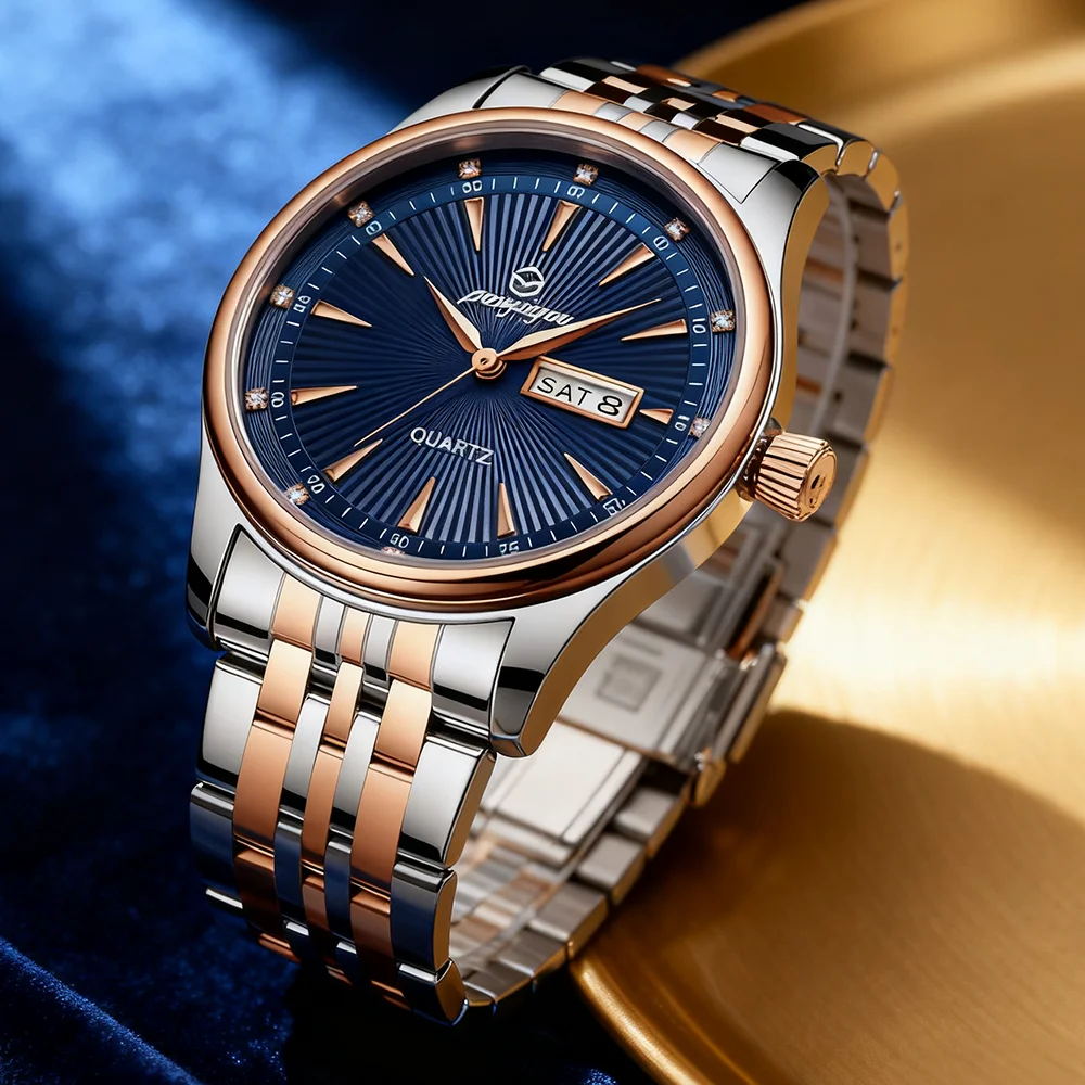 PENGAGAR Luxury Watch For Man Waterproof Luminous Date Week Stainless Steel Men Watch Casual Quartz Men's Watches Male Clock+box