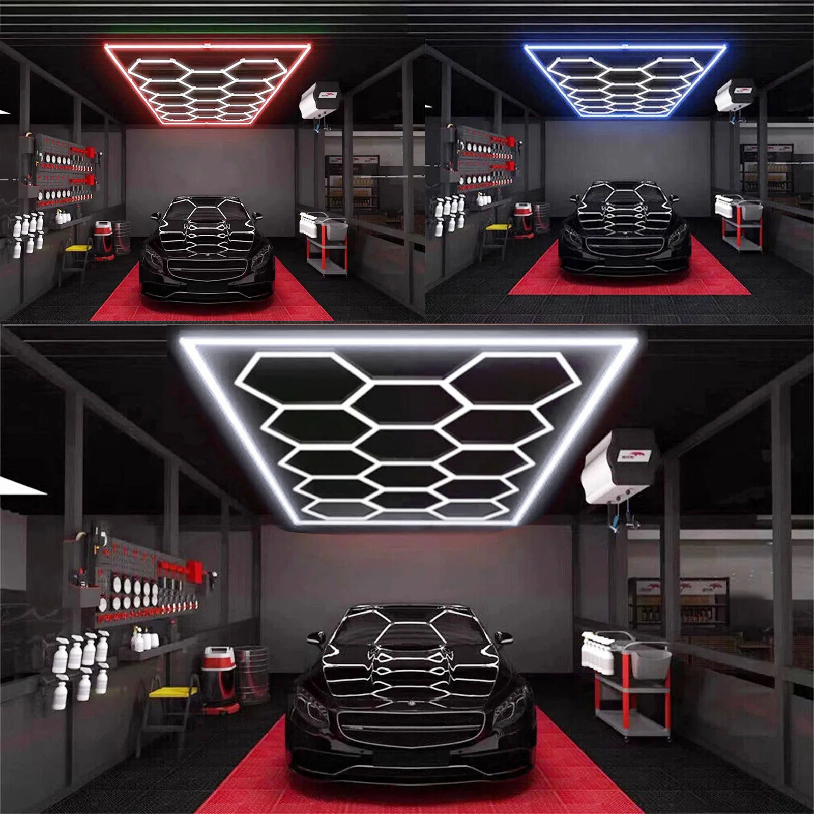 Paquet de 14 plafonniers LED hexagonaux, lumière de garage d'éclairage LED en nid d'abeille 680W 6500K, lumière LED de studio de garage d'atelier de bricolage