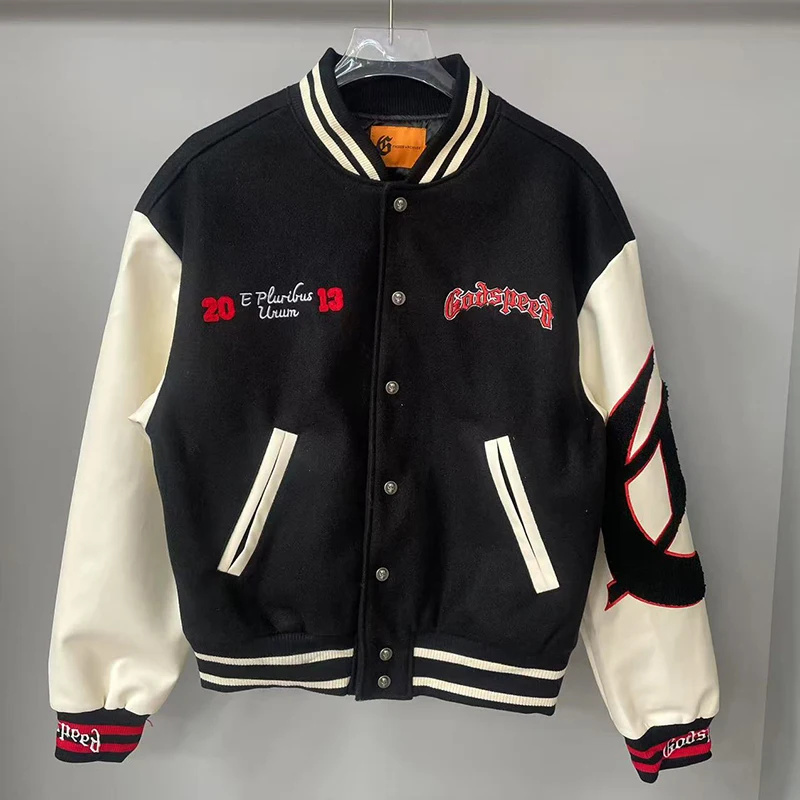 

American Trend Godspeed Baseball Jacket Embroidery Letter Skull High Street Men Women Couples Daily Casual Jacket Sweatshirts