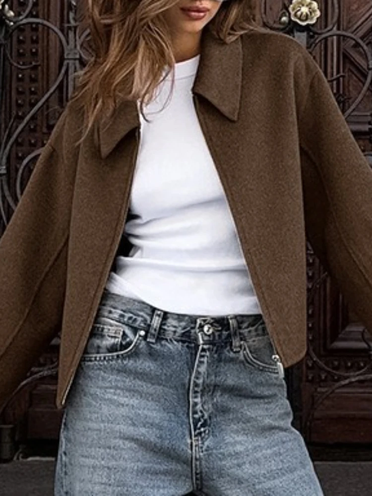 Fashion Brown Zipper Woolen Jacket for Women Elegant Lapel Long Sleeve Short Coats Female Vintage Autumn Lady Street Outerwear