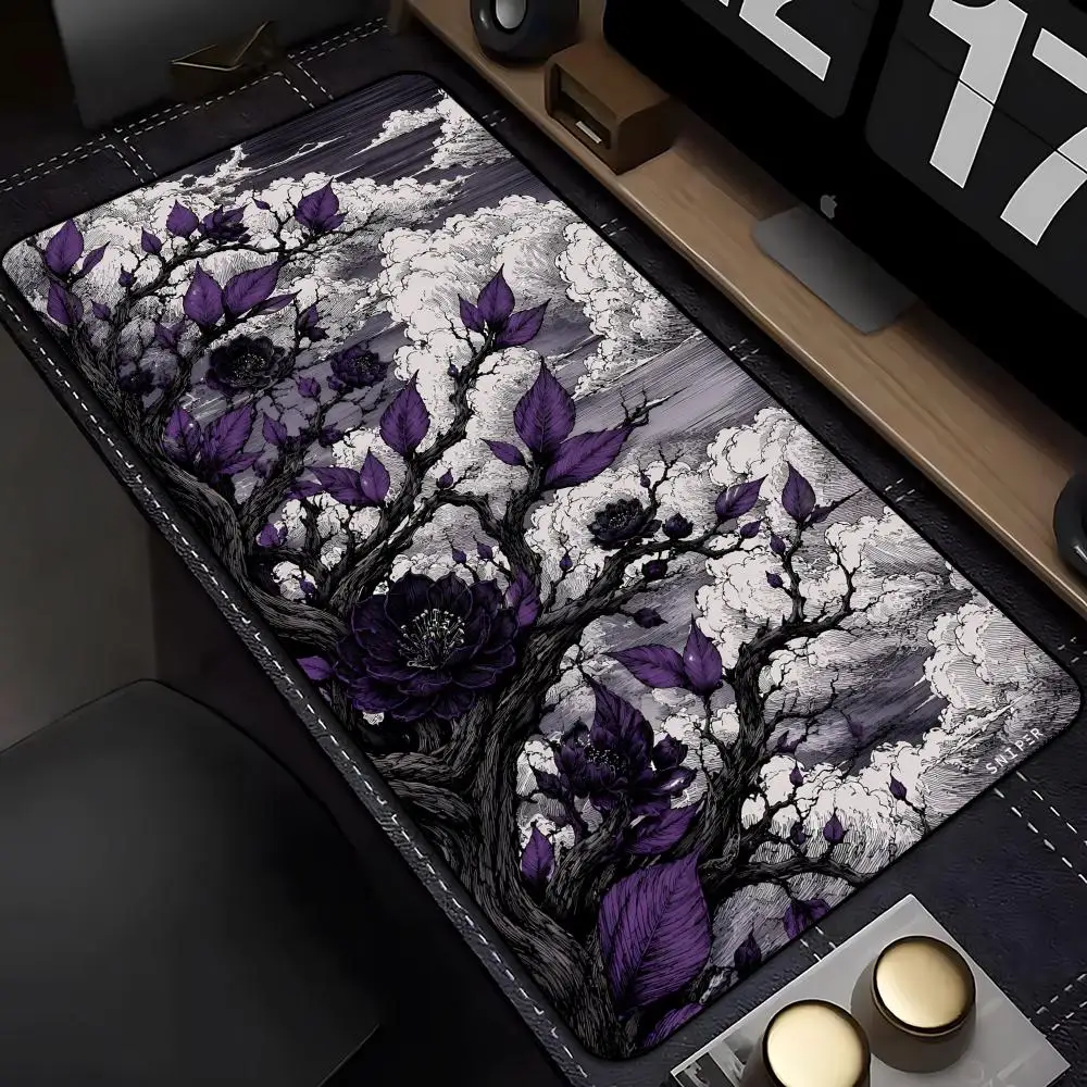 Large XXL Gaming MousePad Desk Mat Keyboard Pad Black White Purple Peony Ink Wash Non Slip Rubber Extended Aesthetic Table Decor