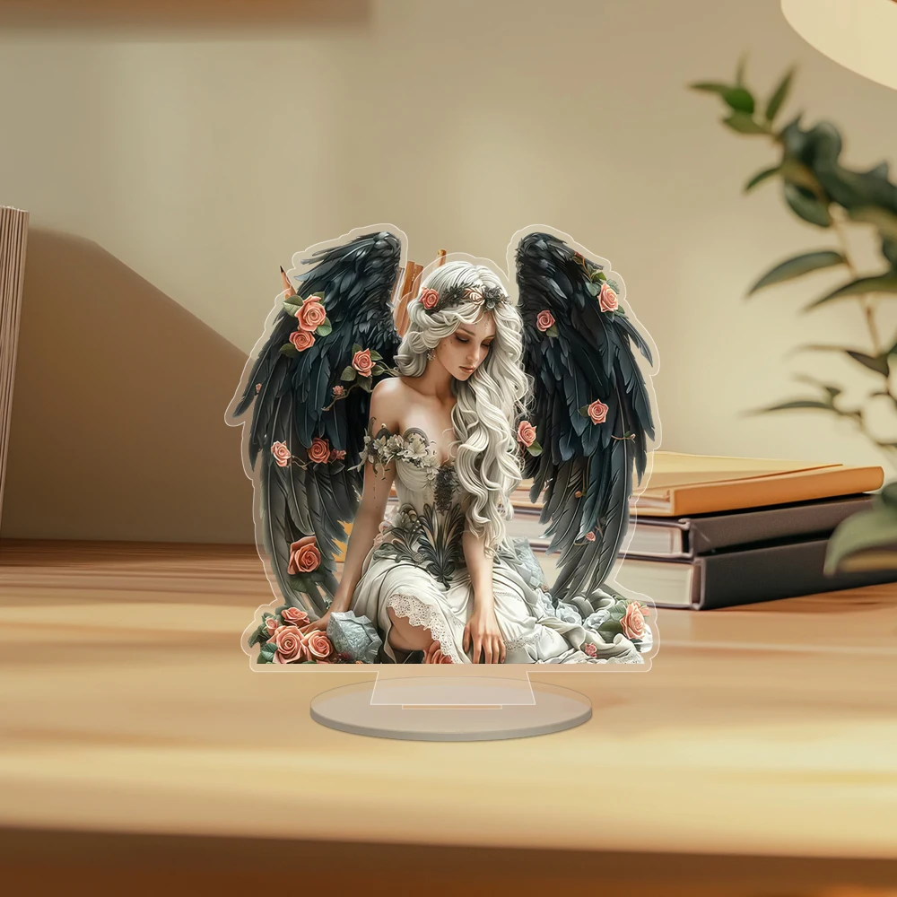 Contemporary Acrylic Angel Girl Christmas Decorative Sign with Stand, Multifunctional Home & Office Desk Plaque, English Inscrip