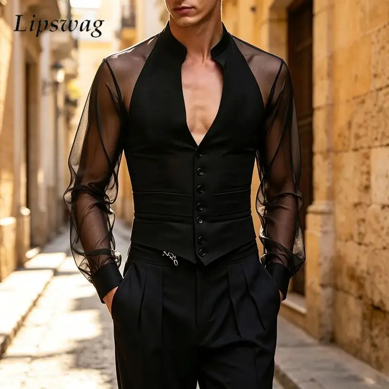 Fall V Collar Shirt Tops Mens Vintage Transparent Breath Slim Cardigan Men Fashion Stand Collar Solid Color Long Sleeve Coats
