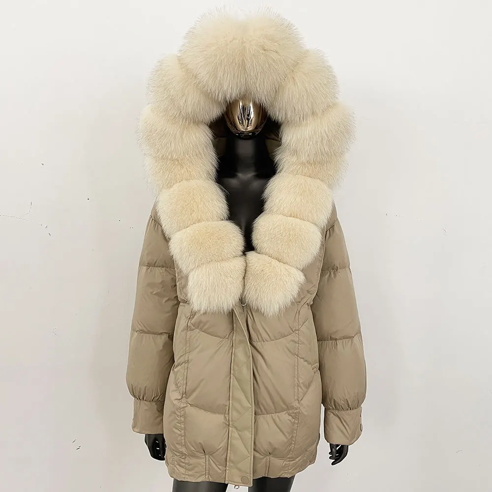 Płaszcz puchowy z kapturem z prawdziwego futra lisa, bardzo duży, błyszczący, modny, nowy zimowy płaszcz z futrem, damska parka, odzież wierzchnia, kurtka puchowa.
