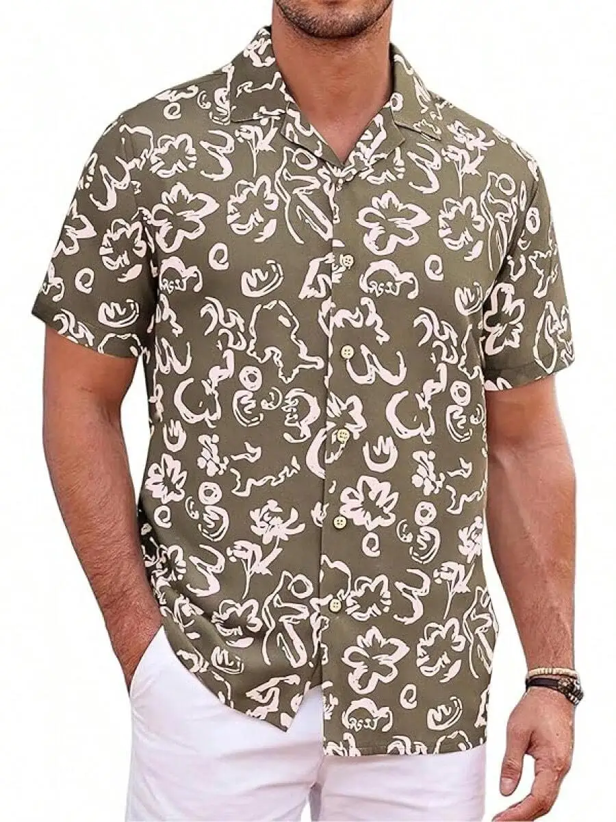 

Mens Linen Cotton Short Sleeve Casual Hawaiian Shirt With Floral Print