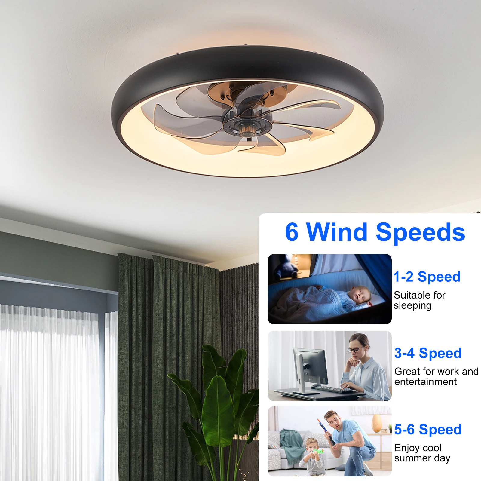 Modern Ceiling Fan Led Light RC Dimmable Bedroom Living Dining Room Ceiling Fan Lamp Home Decor Fixture Adjustable 6 Level Speed