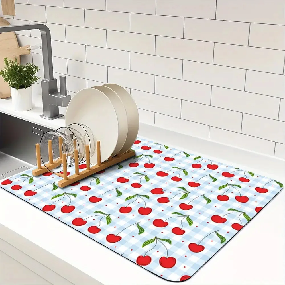 Cherry Red Blue Gingham Check Print Washable Durable Kitchen Countertop Drying Mat For Rustic Home Workspace Layer