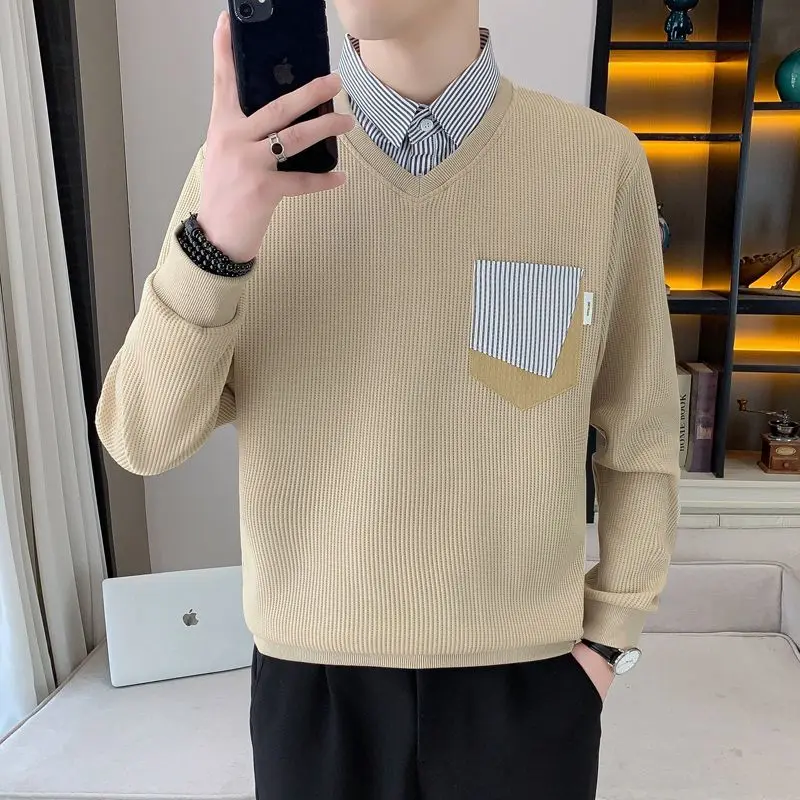 Korean Button Striped Pockets Men's Clothing Pullover Spring Autumn Lantern Long Sleeve Loose Fake Two Pieces Patchwork Tops