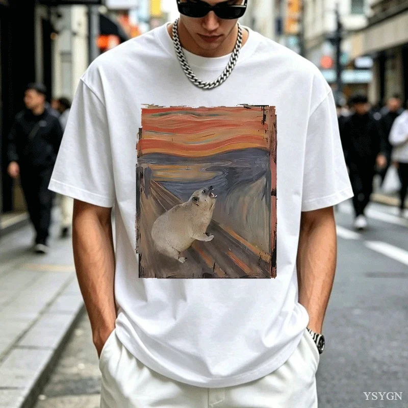 Hyrax Scream Parody Meme T-Shirt Women's Vintage Short Sleeve Crew Neck T-Shirt Loose Casual Men's Clothing Graphic T Shirts