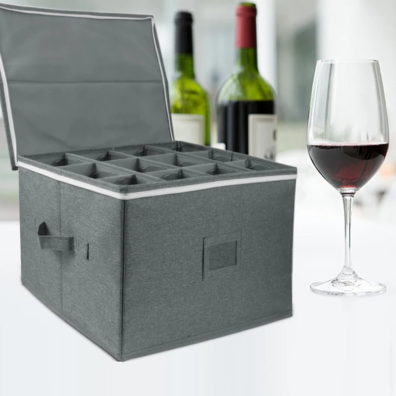 Wine glass Storage Box with Divider ，Storage Containers Hard Shell Stemware Storage Bins with Lids Holds 12 Wine Glass