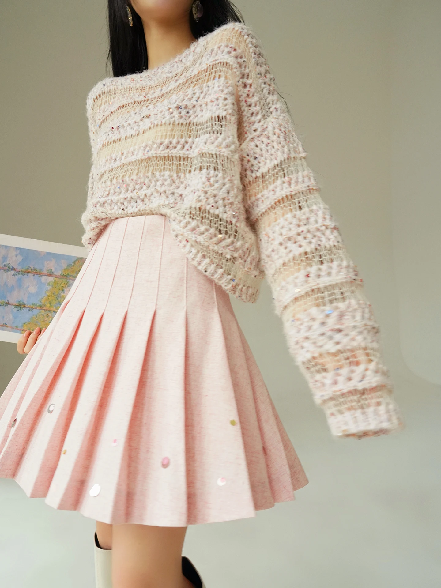 

Aconiconi nut Tassel Sweet Anti-Aging High Waist Slimming Pleated Handmade Sequin ort Skirt Women's Faion Dr