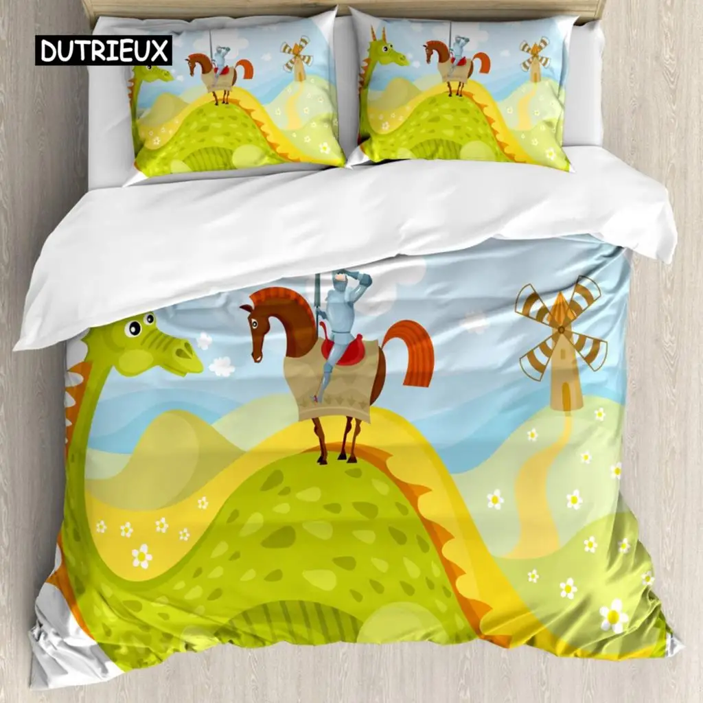 

Fantasy Duvet Cover Knight Don Quixote Horse on Dragon Valley Medieval Image Print Double Queen King Size Polyester Qulit Cover