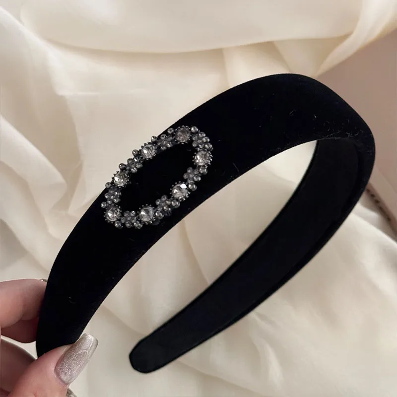 High-Grade Oval Rhinestone Headband/Hairpin Black Velvet Wide-Brimmed Style go out Face Wash Hair Band Hairpin Hair Accessories