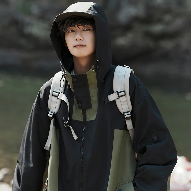 

Мужская уличная куртка-ветровка из флиса, ветрозащитная, водонепроницаемая, для альпинизма, весна-осень, в американском ретро-стиле, с цветными блоками