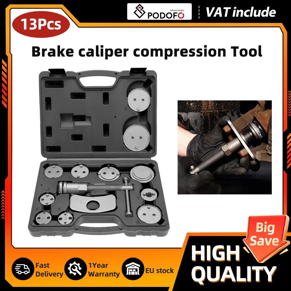 Podofo – Kit d'outils de compression d'étrier de frein 13 pièces, clé de réglage de pompe de frein à disque avec 11 adaptateurs pour réparation de freins de voiture