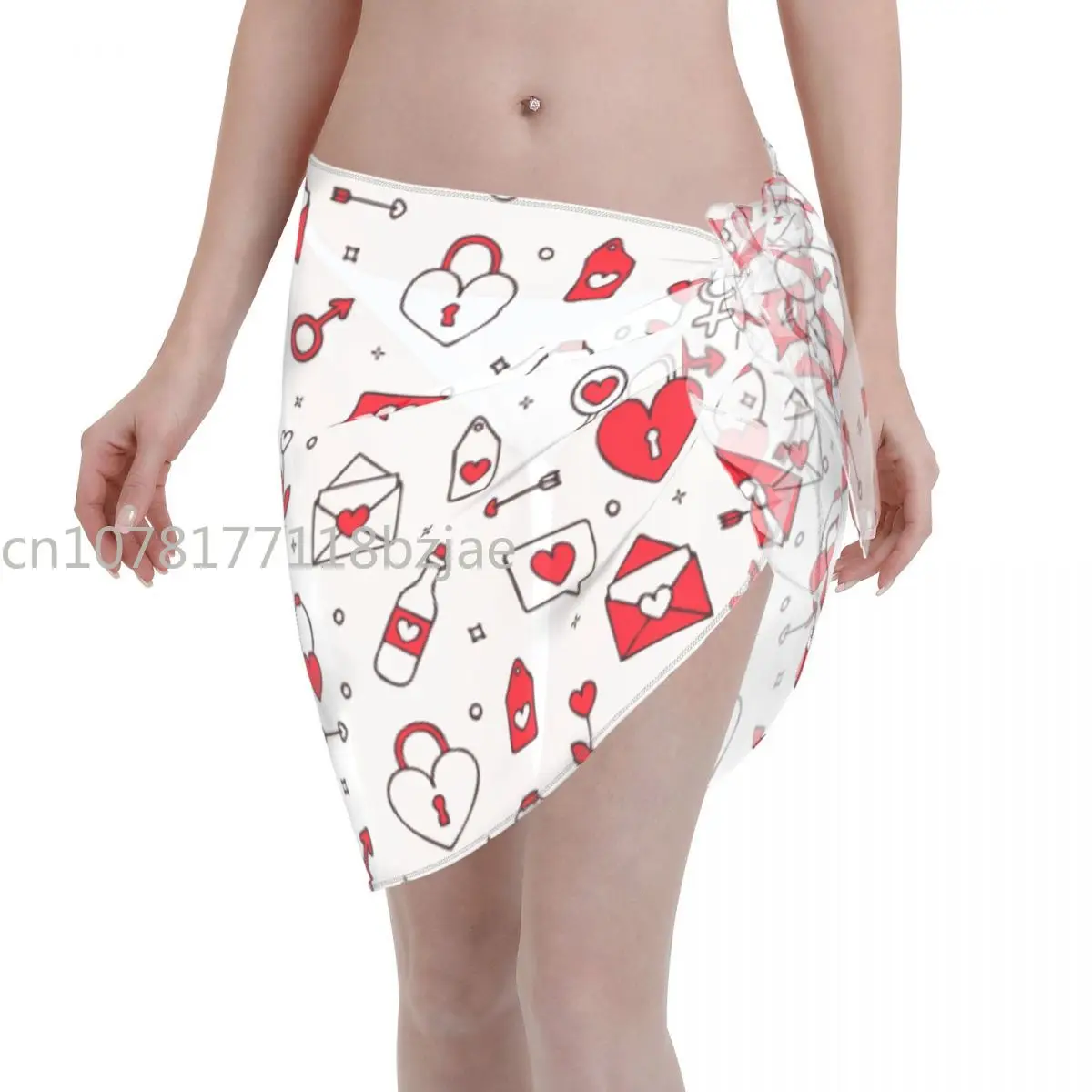 Traje de baño Sexy con patrón de amor para mujer, caftán, Sarong, falda para cubrir Bikini