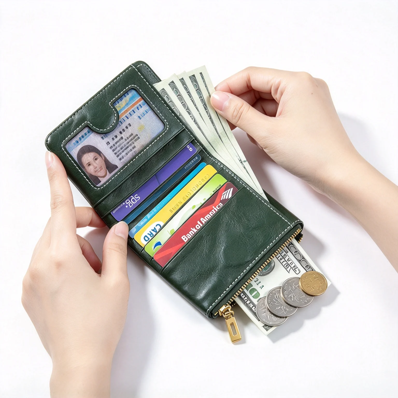 Retro Wrinkled Cowhide Wallet, Magnetic Opening RFID ID Card Window Zipper Coin Pocket, Couple Gift Wallet for Cash Cards Coins