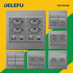 DELEFU 4x4 Fireproof PC Panel Brazil Standard Outlet Double USB Type C Wall Power Socket Light Switch Office Grey 10A 20A