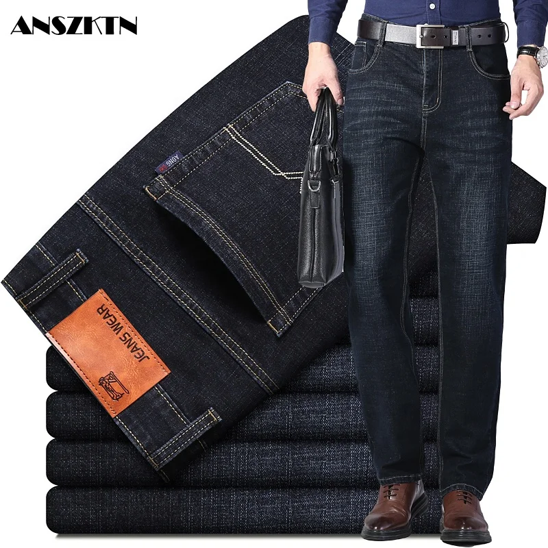 ANSZKTN-pantalones vaqueros informales para hombre, Jeans de negocios, ajustados, elásticos, de talla grande, azul, negro, color sólido, baratos