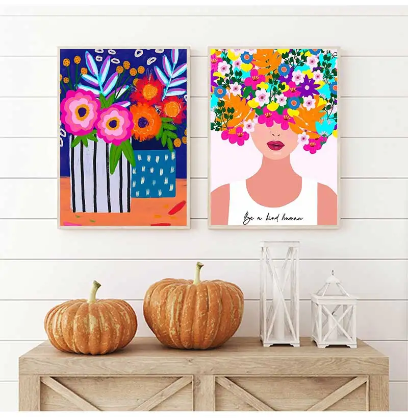 Nordic posters and prints for room decoration, wall photos, colorful flower, rainbow, cup, lady leopard, canvas painting