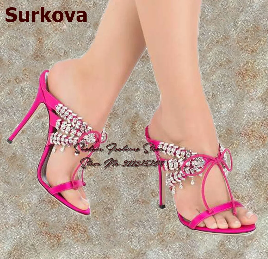 

Surkova Bling Bling Crystal High Heel Sandals Fuchsia Satin Cloth Cross Strappy Butterfly Wedding Shoes Pink Stiletto Heels