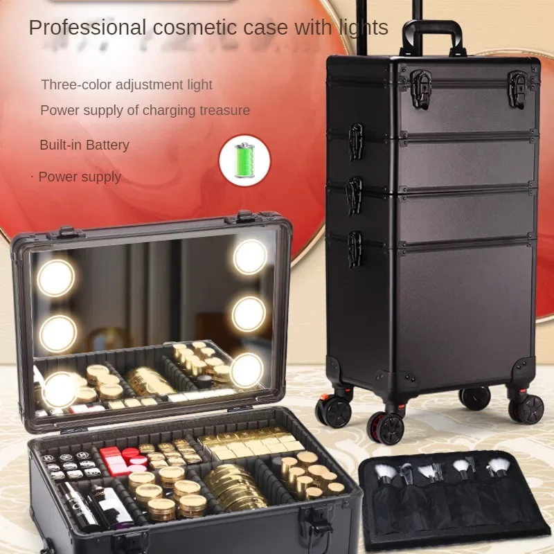 Beauty Artist With Light Professional Makeup Case Large Capacity Cosmetics Pull Rod Box LED With Mirror Beauty Salon Toolbox