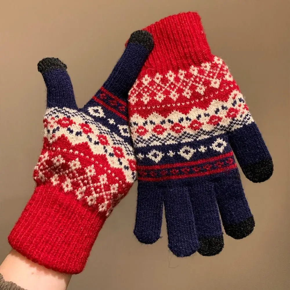 

All-Match Fair Island Style Winter Knitted Gloves Soft Thick Printed Wool Gloves Waterproof Red Women Cycling Mittens Autumn