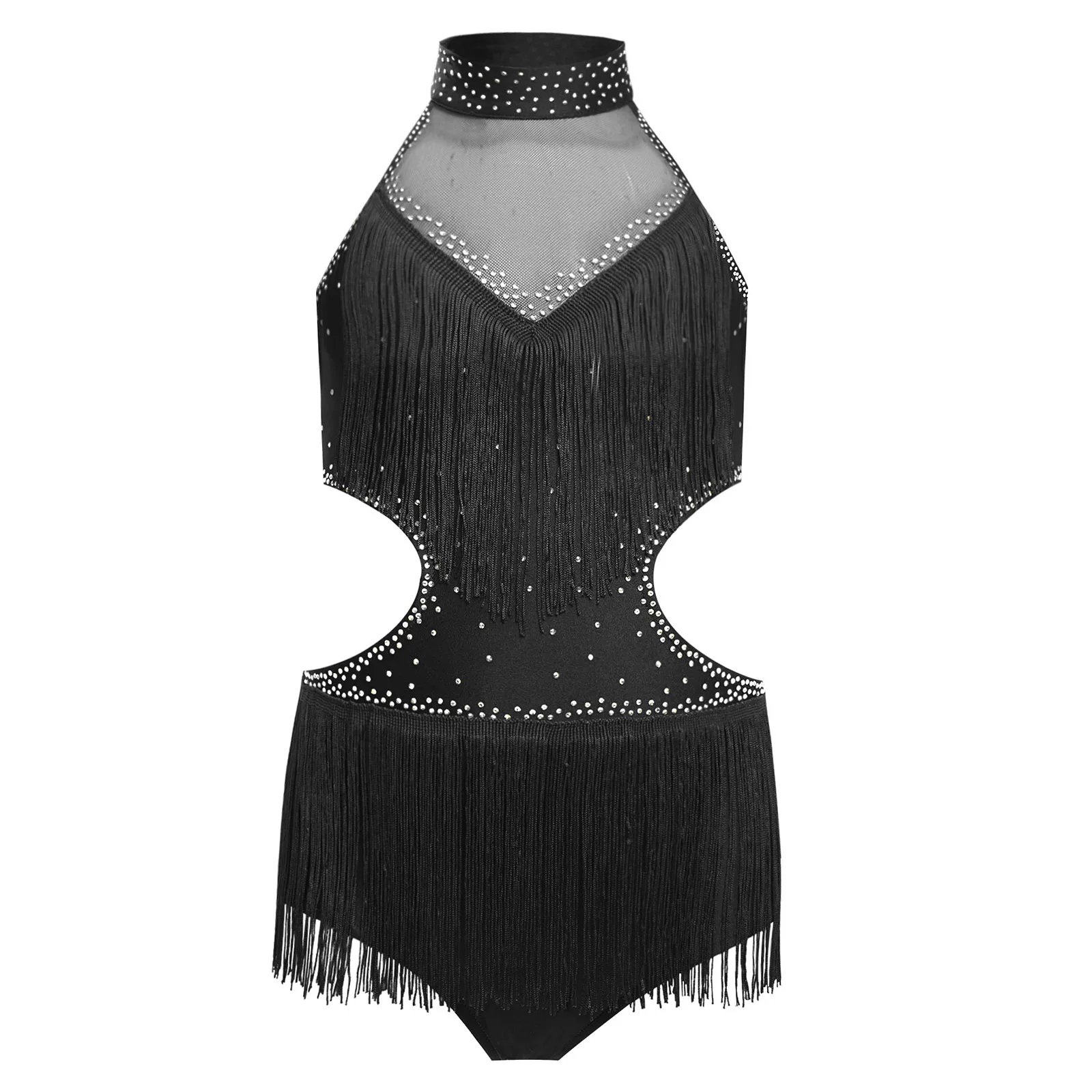 

Kids Girls Tassels Latin Dance Costume Sleeveless Cutout Backless Shiny Rhinestones Fringed Leotard for Latin Dance Competition