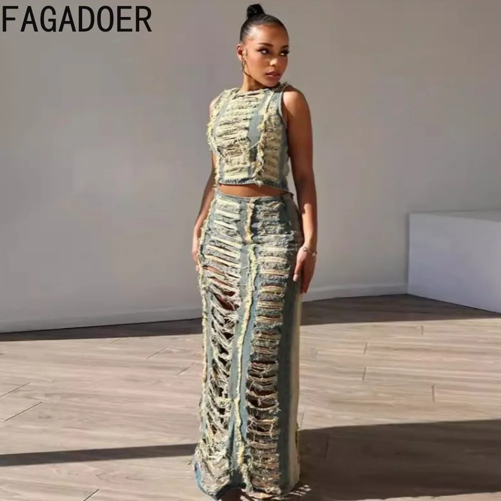 FAGADOER Fashion Streetwear Women Denim Hole Hollow Sleeveless Crop Top + Side Slit Skirts Two Piece Sets Fashion Cowboy Outfits