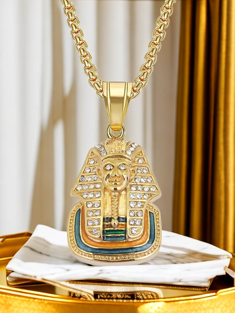 Egyptian Iced Out Bling Pharaoh Pendant Necklaces Male Gold Color Stainless Steel Necklace For Women Men Egypt Jewelry Gift