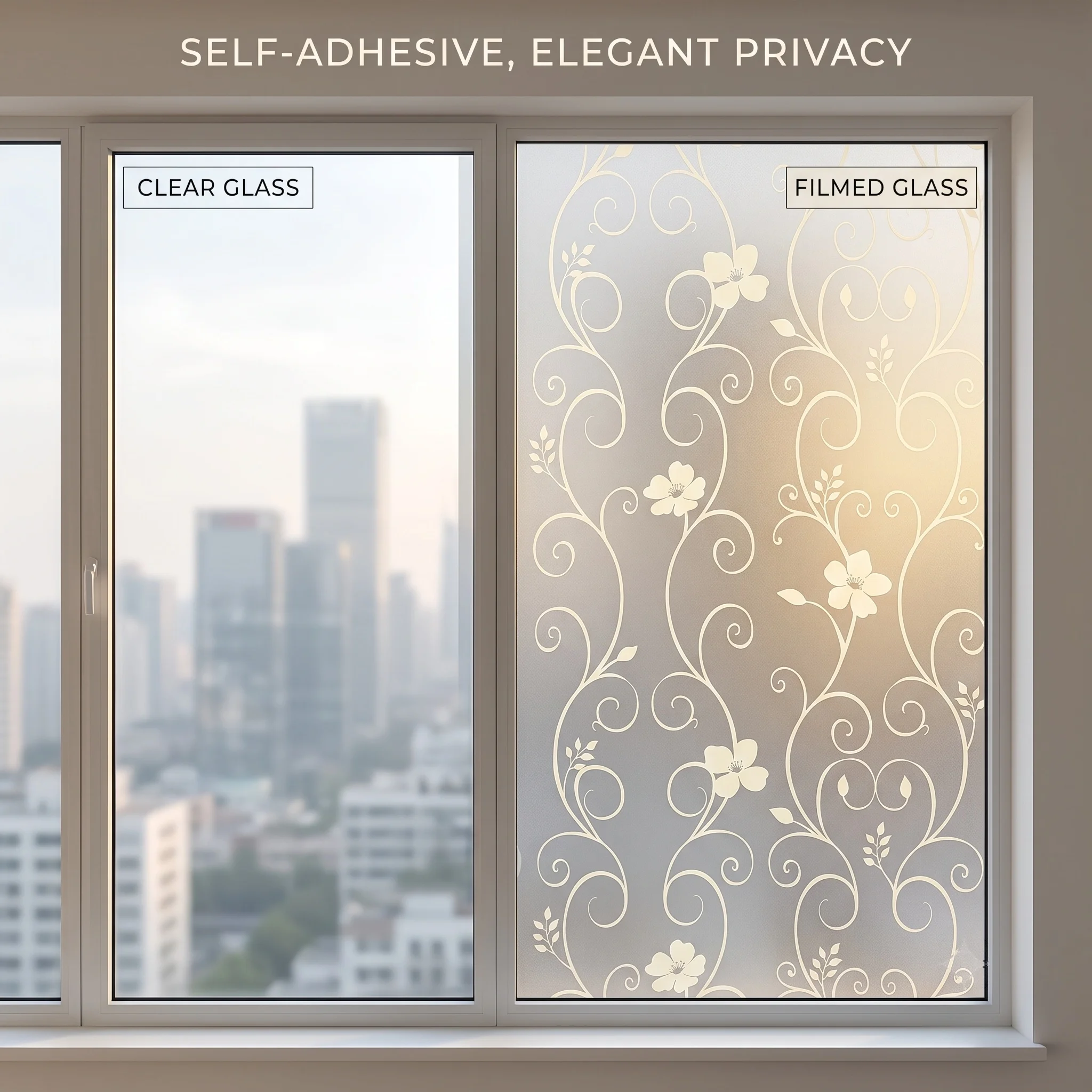 Floral Vine Frosted Window Film Self Adhesive Curly Scroll Flower Privacy Glass Sticker Anti UV Opaque Self-Stick Window Tint