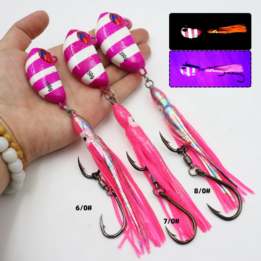 ZYZHE 1 Stück Meeresfisch-JIG 100G 150G 200G Angel-JIG mit Weichköder 6/0 # 7/0 # 8/0 # Schnurhaken Bootsfischen Sinkender Köder – Detail 6