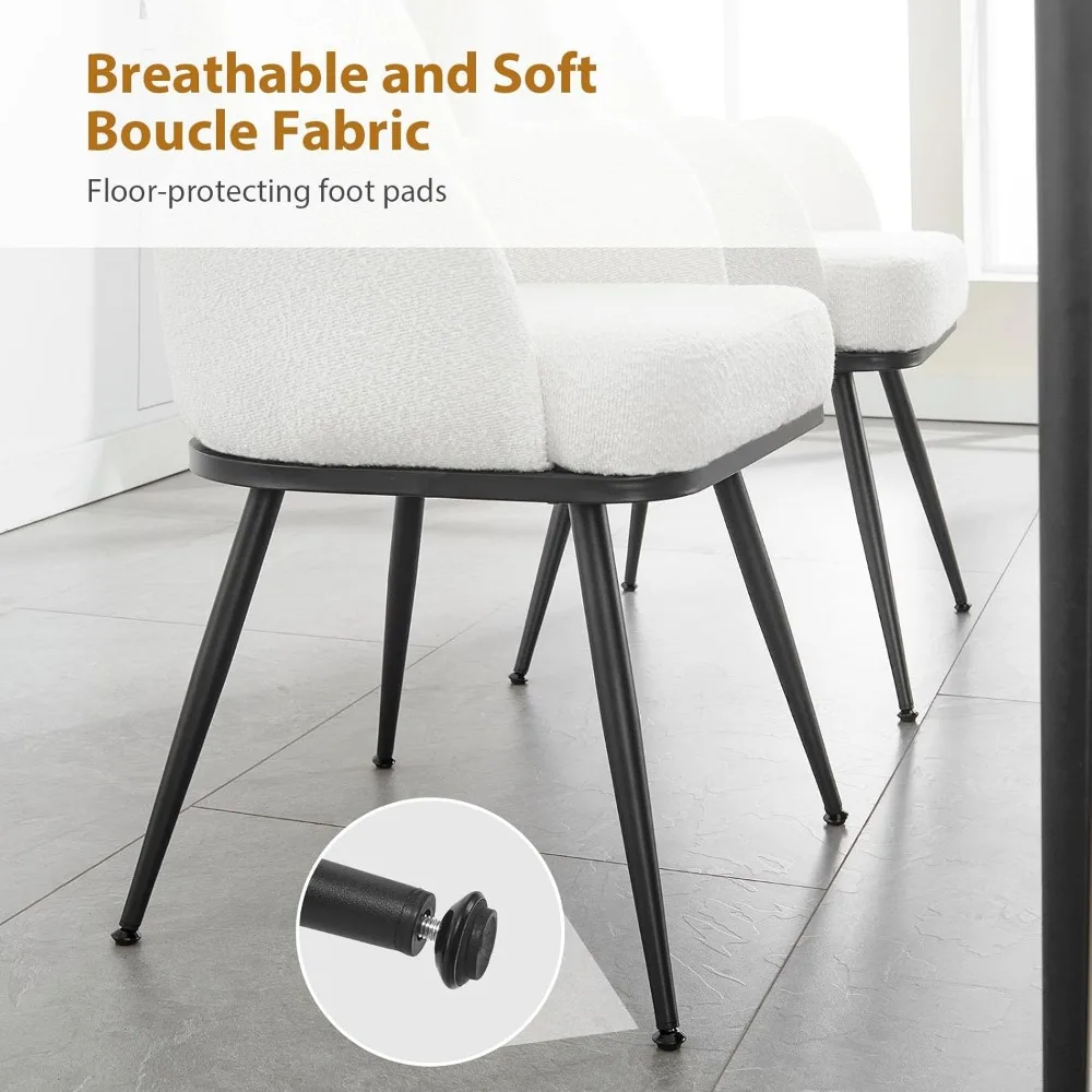 Set di 2 sedie da pranzo moderne bianche, braccioli e gambe robuste in metallo, imbottite in tessuto boucle, comode e resistenti per il pranzo R