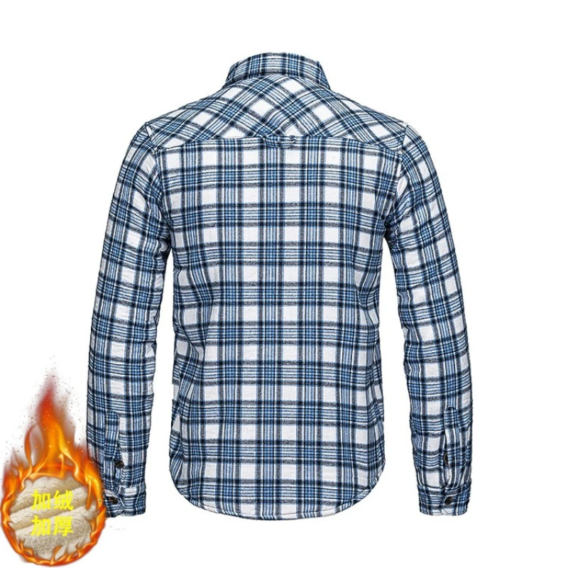 Men's Fleece-Lined Plaid Shirt for EU/US Market - Cross-Border Sizing (Red/Blue/Khaki Plaid) S-2XL | 20% Cotton Fabric
