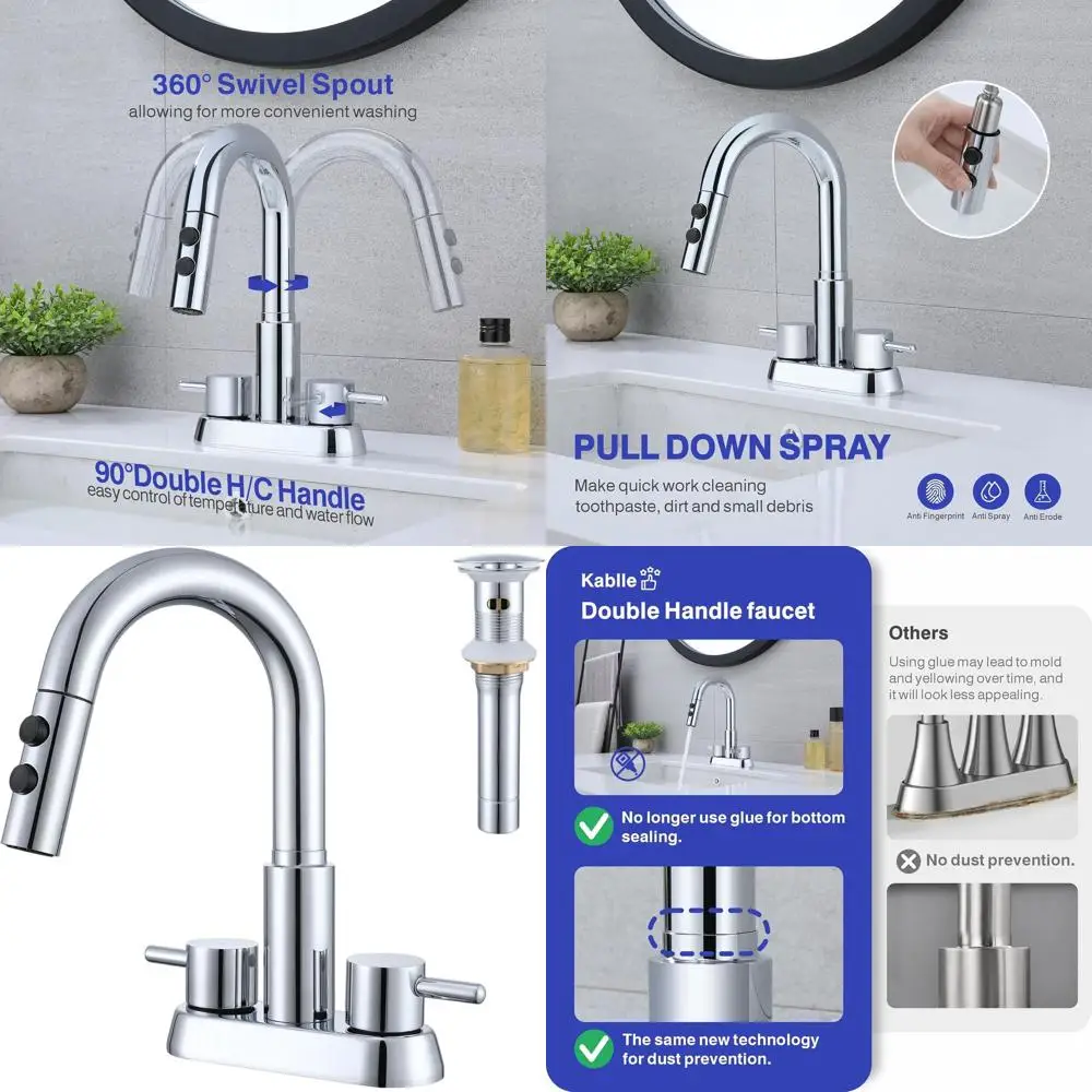 

Chrome 3-Hole 4 Centerset Laundry Sink Faucet with Pull-Out Spray and Pop-Up Drain, KBL-MP-6002C-CL