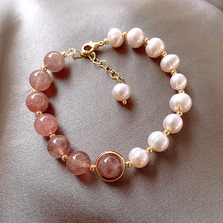 High Quality 100% Baroque Freshwater Pearl & Strawberry Quartz Female Bracelets Jewelry For Women Valentine\'s Day Gifts No Fade