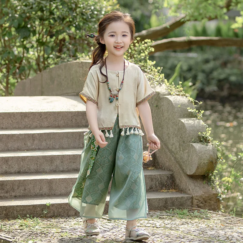 Hanfu Girls' 2024 Children's Summer New Chinese Improved Ethnic And Ancient Style Two Piece Set