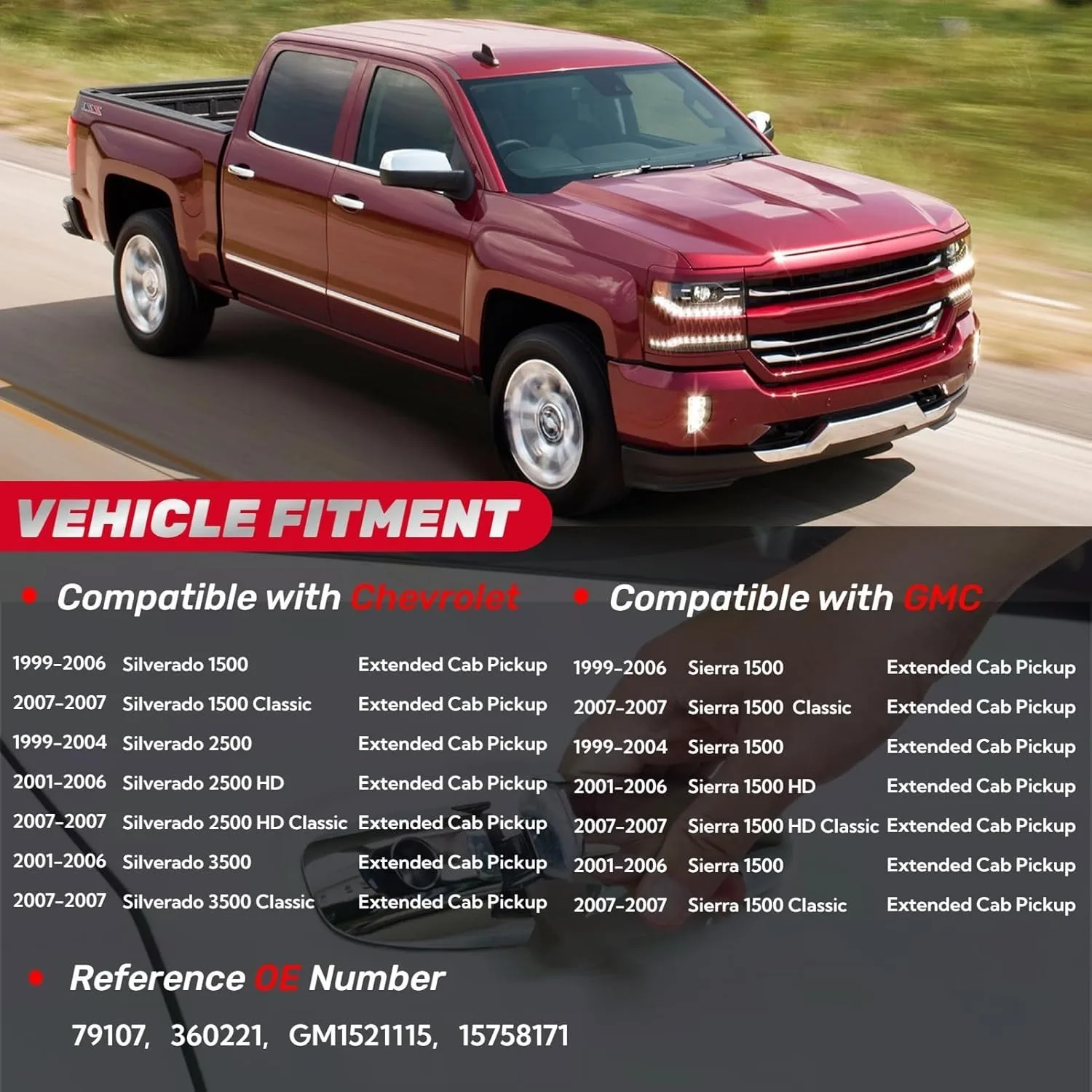 Extended Cab Exterior Door Handle Rear Right for 1999-2007 Chevy Silverado GMC Sierra 1500 2500 3500, OE# GM1521115, 15758171