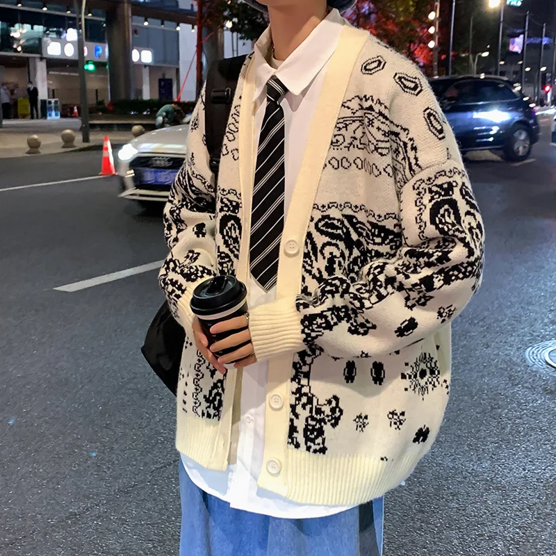 

Мужской осенне-зимний модный удобный вязаный кардиган с цветочным узором, свободный трикотажный свитер-кардиган