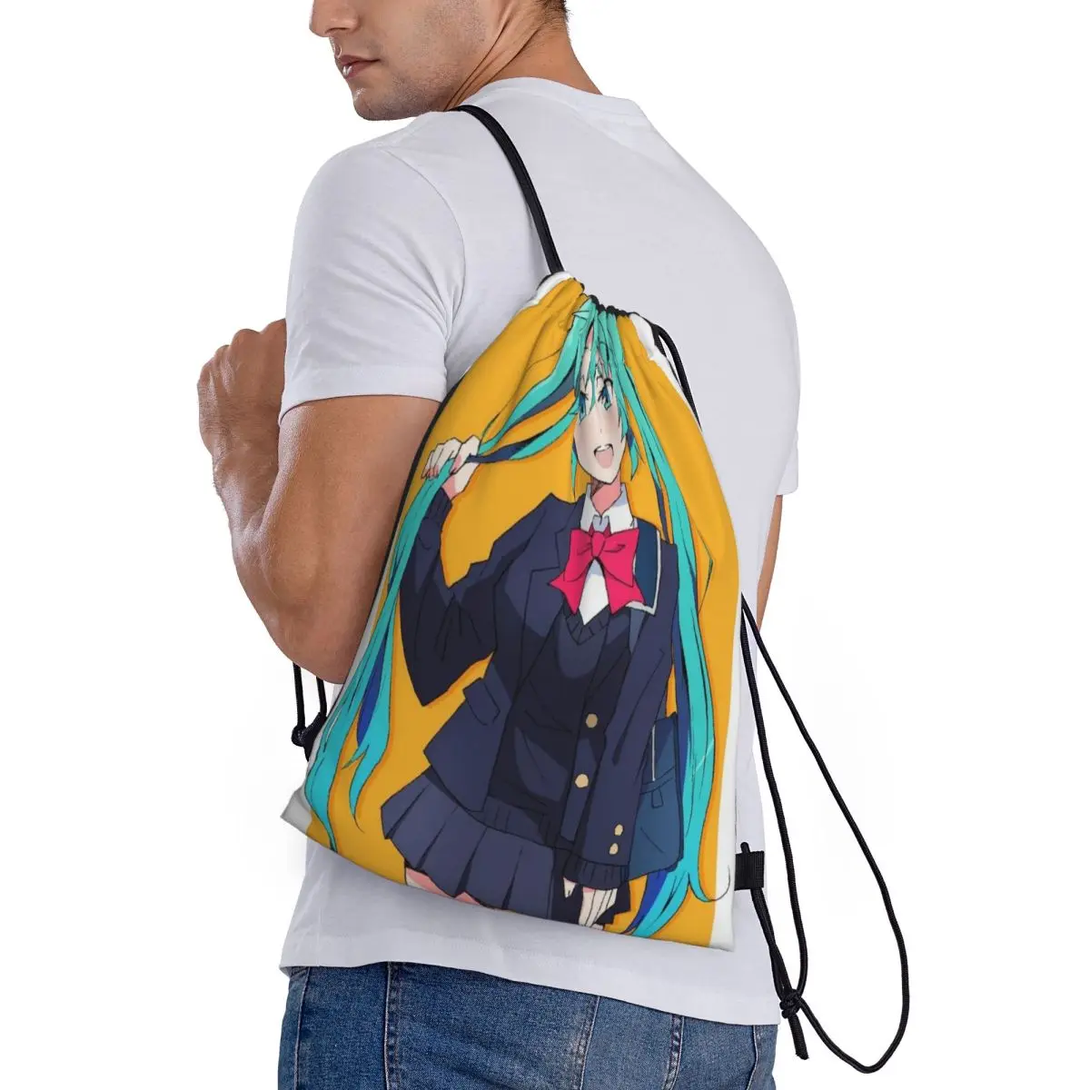 Hatsune Miku-bolsa deportiva portátil, bolso grueso con cordón, mochila para montar en el gimnasio, zapatos, ropa